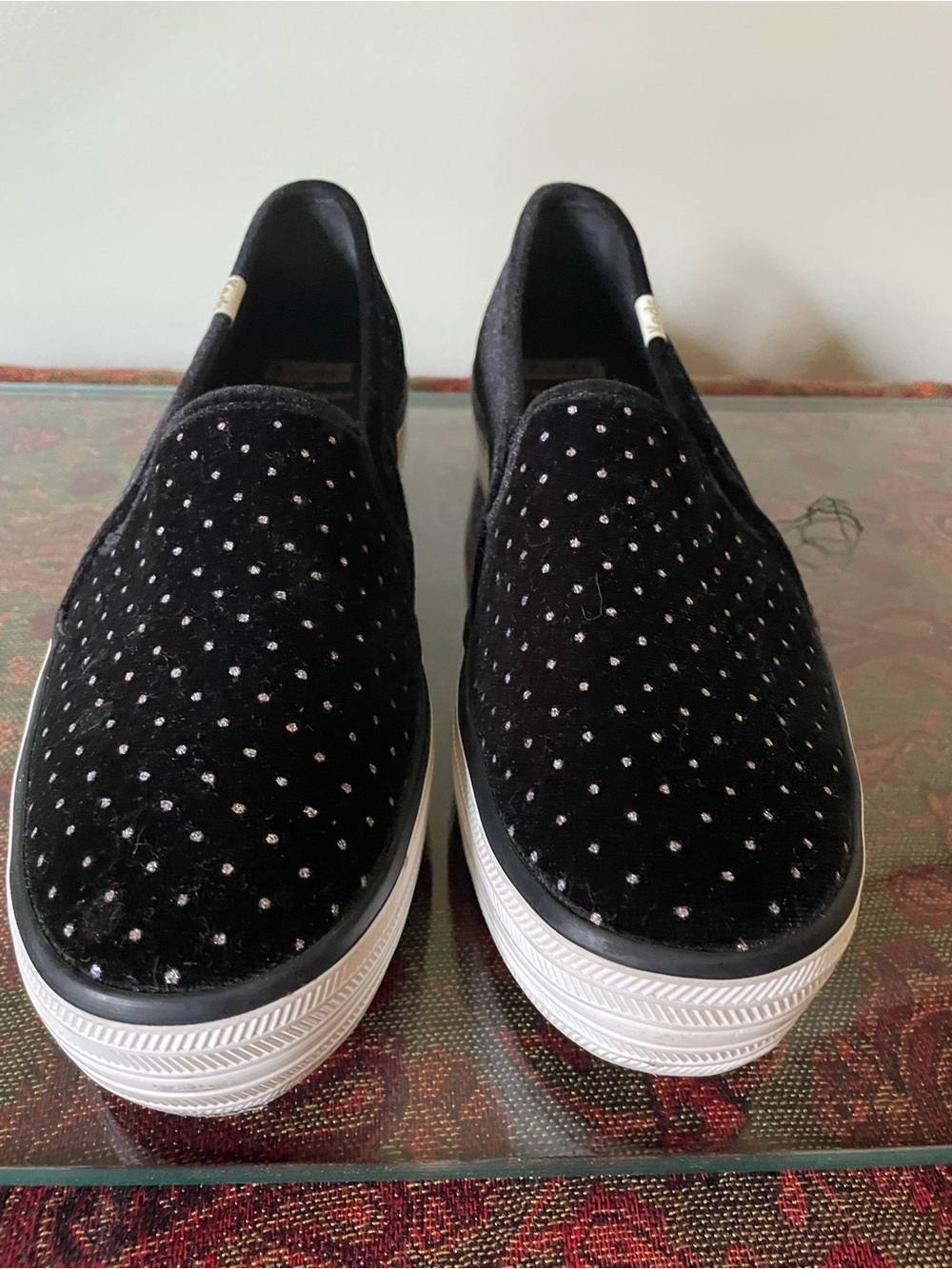 kate spade keds Black Velvet Slip-On Loafers with Silver Stud Dots